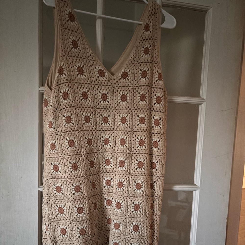 Rylee + Cru Cream Crochet Midi Dress with Brown Sun Motifs
